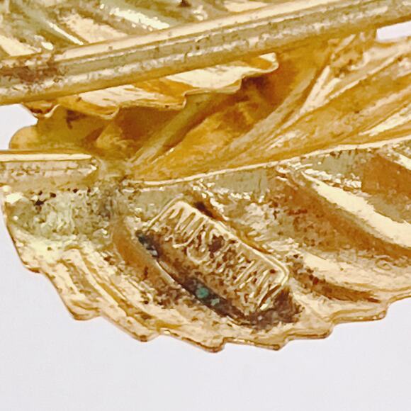 Austria Mid Century Pink Celluloid Rose Brooch Gold Tone Enamel Leaves READ - Picture 8 of 15